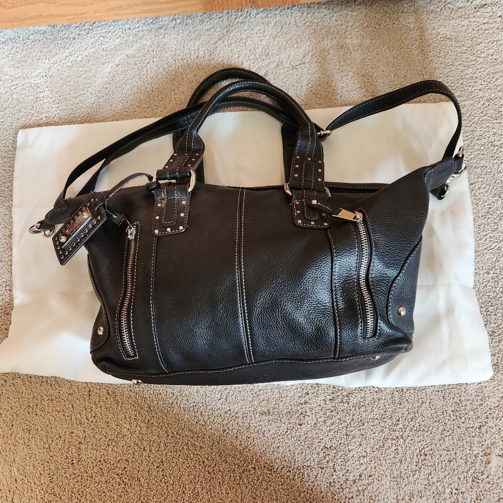 Tignanello Black Leather Handbag Purse Crossbody with Double Zippers